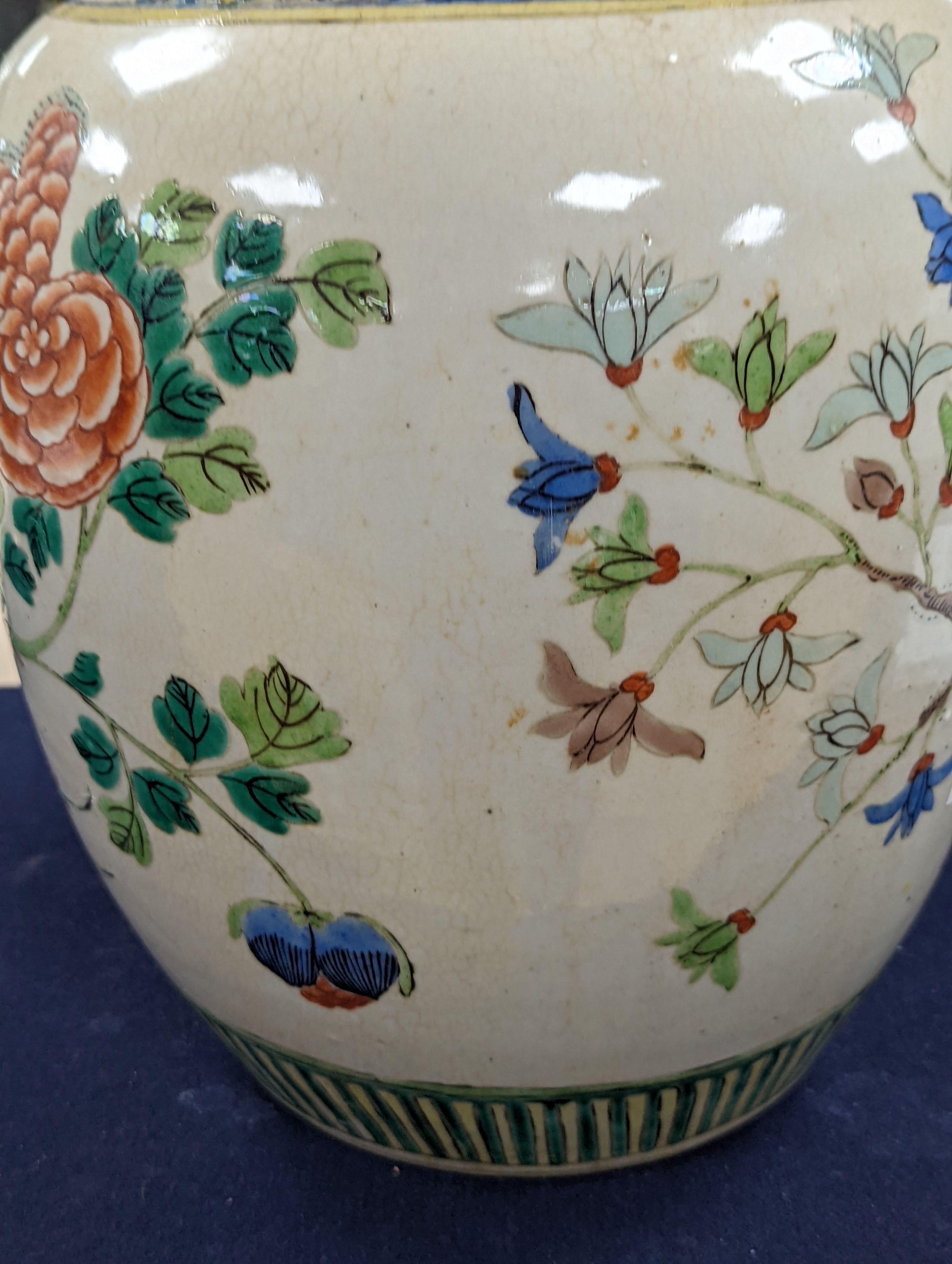 An early 20th century Chinese famille verte crackle glaze jar, 30cm